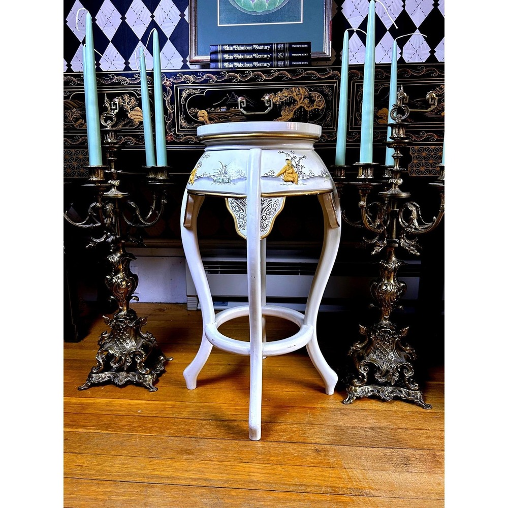 Vintage Chinoiserie Tall Stool Side Table 25" Mother of Pearl Figures Glass Top